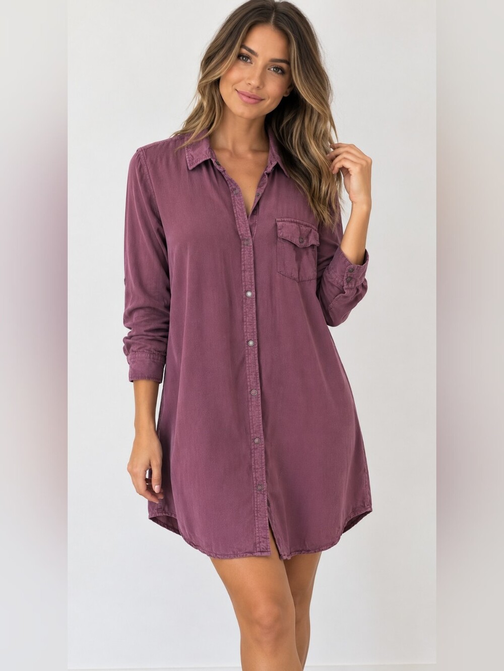 ROXY Wine Red Button-Front Shirt Dress